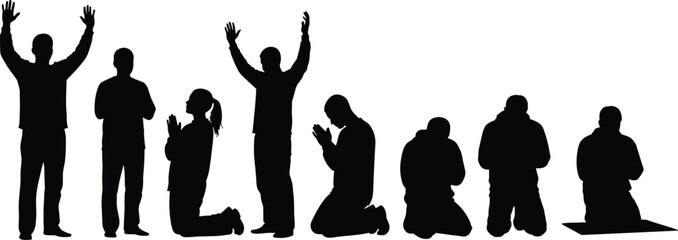 Silhouette of people praying and meditating in peaceful poses, spiritual worship vector art, religious devotion, faith reflection, black illustration