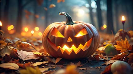 Fototapeta premium A single menacing carved pumpkin with a glowing fiery face sits on a bed of fallen autumn leaves in a dark mysterious forest at night