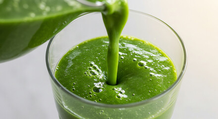 A thick green smoothie made from spinach and greens being poured into a glass.