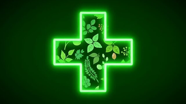 Green Neon Cross Filled With Leaves on Dark Background