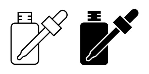 Dropper bottle icon set. Dropper serum or essential oil bottle with pipette icons. Dropper serum logo, label, badge, sticker, symbol, emblem, black, line, vector, isolated on white background.