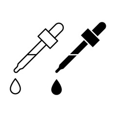 Dropper bottle icon set. Dropper serum or essential oil bottle with pipette icons. Dropper serum logo, label, badge, sticker, symbol, emblem, black, line, vector, isolated on white background.
