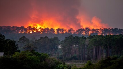 Forest fire engulfing hillside