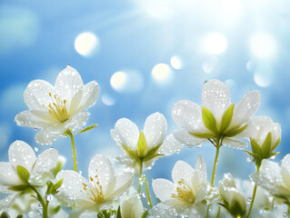 Fototapeta premium beautiful background, field of white flowers, morning dew