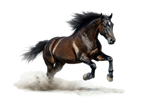 Powerful brown horse in mid-stride.