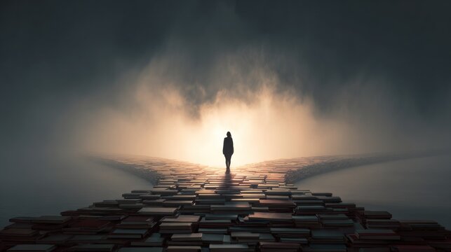Silhouette figure on a path of books, toward a light