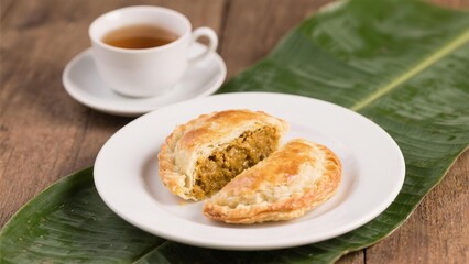 Tantalizing savory savories like empanadas served on a white plate with hot tea and rustic accents.