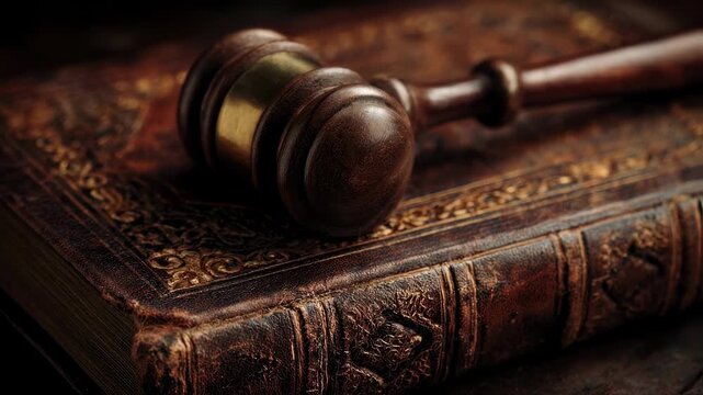Intimate closeup of a brasstipped gavel laying atop a soft leather docket emphasizing the intricate designs and rich hues. This image captures the essence of authority and tradition