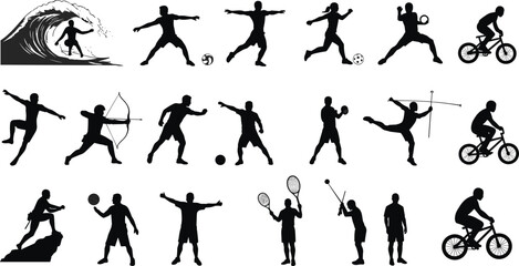 diverse sports silhouettes set, soccer, surfing, archery, tennis, basketball, cycling, fitness icons artwork