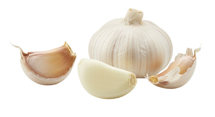 Three garlic cloves, one peeled creamy white, two unpeeled light brown, on a clean white studio background with copy space, soft diffused lighting, close-up, concept of freshness and healthy cooking
