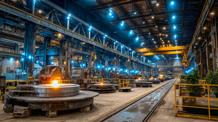 Vibrant artificial lighting illuminates the dynamic environment of a steel manufacturing plant. Robotic machinery expertly handles molten metal, showcasing advanced automation in heavy industry