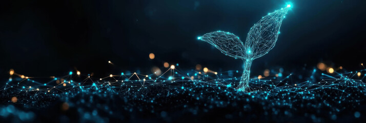 Futuristic digital plant sprout emerges from network of glowing lines, symbolizing growth and connectivity in a dark