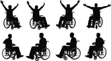 Wheelchair users in diverse poses, independence and mobility concept, inclusive disability design, black vector silhouettes, rehabilitation, healthcare, accessible lifestyle illustration