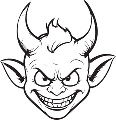 Devil Face Illustration: A detailed black and white illustration of a mischievous devil face, exuding an aura of playful malice. 