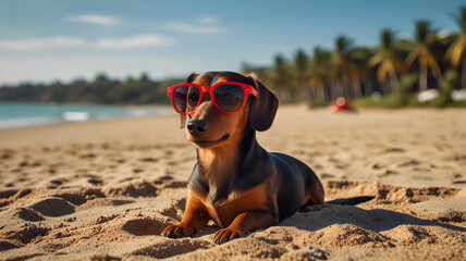 Cool Dachshund Dog Wearing Red Sunglasses Relaxing on Tropical Beac