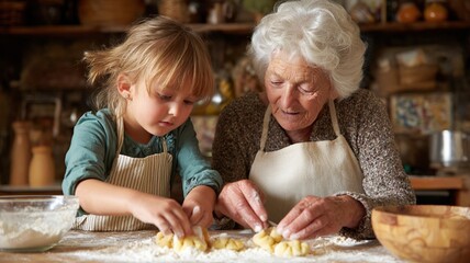Elderly woman and young girl are preparing homemade pasta together in a rustic kitchen, showcasing a warm family bond and culinary tradition in a cozy atmosphere