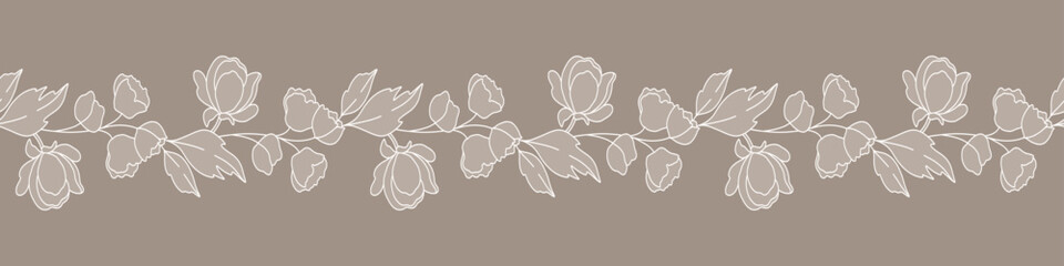 Lace floral border with branches, leaves and flowers. Beige seamless horizontal background with a beautiful hand drawn garland. Vector illustration