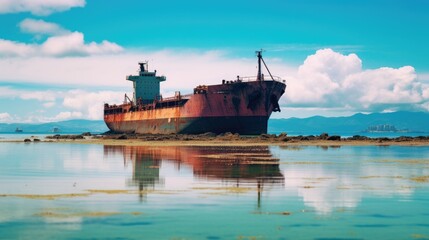 Obraz premium An old, rusted shipwreck sits in shallow water, with a blue sky and white clouds in the background.