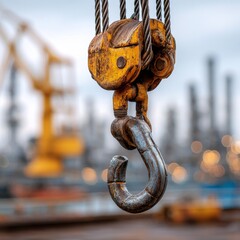 Yellow Industrial Hook on Crane at Port with Machinery Background