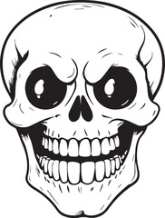 Grim Visage: A stark and detailed illustration of a human skull with an intense, slightly menacing expression, rendered in high-contrast black and white.