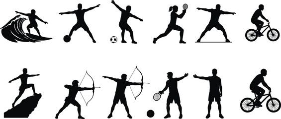 multi-sport athlete silhouettes, surfing, soccer, tennis, archery, climbing, cycling, dynamic sports icon artwork
