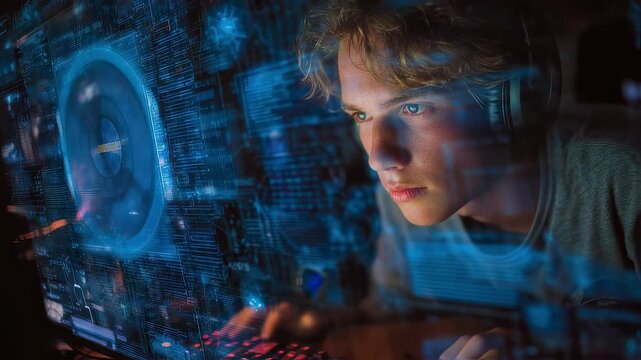 A gamer intently focused on their computer screen with overlay graphics showcasing keystroke dynamics data. The scene emphasizes the integration of biometric authentication in gaming