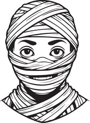 Mummy Portrait: A captivating black-and-white illustration of a mummy's face, tightly wrapped in bandages, exuding an air of mystery and the ancient world.