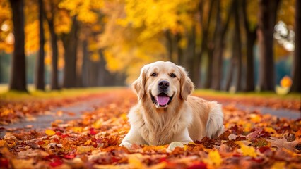 Golden retriever puppy enjoys a beautiful autumn day playing in leaves on a tree-lined path