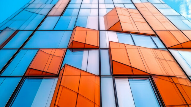 Modern glass architecture with reflection of red and blue sunset sky. Dramatic bright color