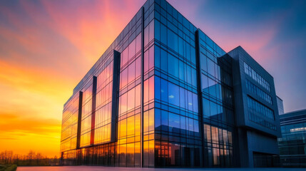 Fototapeta premium Sunset reflections on modern office building