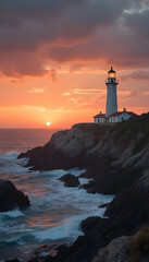 Lone lighthouse on rugged coast glows warmly at sunset with gentle ocean waves.
