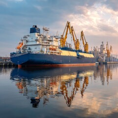 Fototapeta premium Majestic Cargo Ship Docked at Harbor Under Dramatic Sunset Sky
