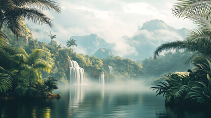 Fototapeta premium Serene tropical waterfall and misty mountains in lush jungle landscape