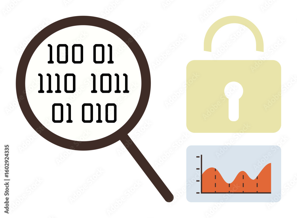 Poster magnifying glass over binary code, a padlock symbol for security, and a chart with data analytics. i