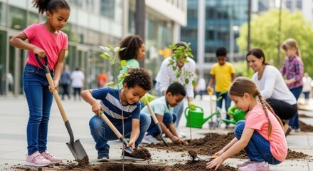Diverse group of children engaging in tree planting activity in city plaza
