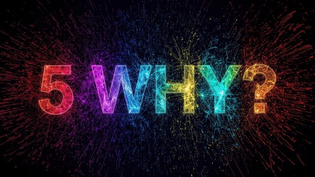 5 Whys. Colorful number five and word why question mark in sparks, abs