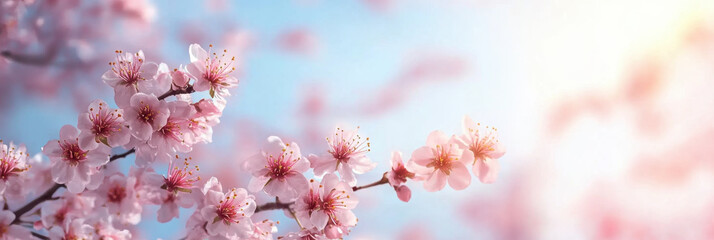 Obraz premium sakura flowers of pink color on sunny backdrop.
