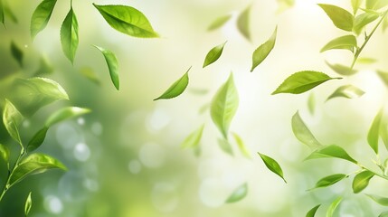 Obraz premium Green leaves gently float in a soft, blurred background, evoking freshness and natural beauty.