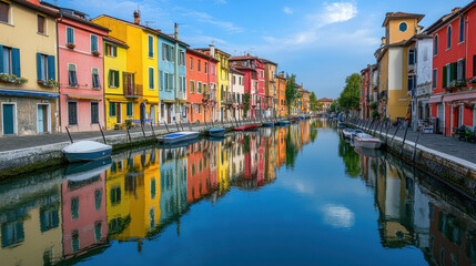 Obraz premium Vibrant Colorful Houses Reflecting in Calm Canal Water