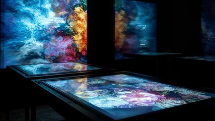 A closeup of a retina biometric scanner paired with striking digital art displays in an NFT gallery. The combination of security technology and colorful art symbolizes the innovative - Powered by Adobe
