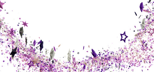 Festive background with purple, silver stars and confetti. Perfect for celebrations.
