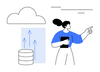 Woman pointing to a cloud icon above a database, symbolizing cloud computing and data transfer. Ideal for technology, innovation, cloud storage, progress, business strategy, IT, modern data