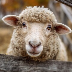 Obraz premium Close-up of a Curious Sheep Looking Through a Wooden Fence