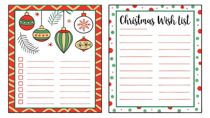 Two christmas themed list templates with ornaments and a christmas wish list heading and decorative borders