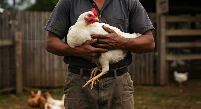 Farmer gently holding a healthy white chicken on a rustic farm, showcasing organic poultry farming - Powered by Adobe