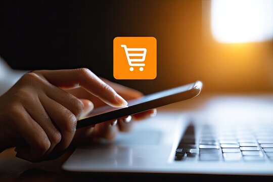 Hands on smartphone, shopping cart icon, laptop
