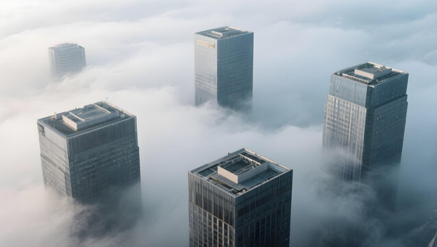 Aerial view of skyscraper tops emerging through thick fog