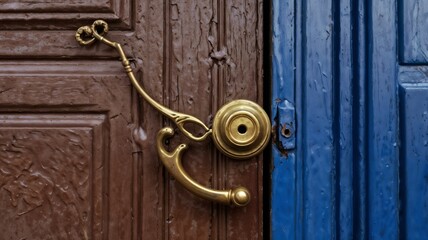 Angra do Heroismo, Terceira Island, Azores, Portugal. Brass knocker on a blue painted door.