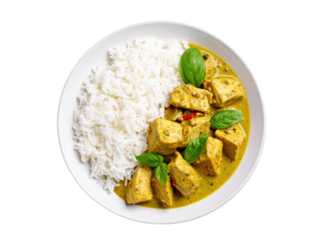 Spicy green curry with chicken jasmine rice basil chili creamy sauce white plate top view delicious Asian meal