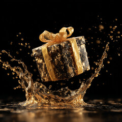Golden Gift Box with Liquid Gold Splash on Dark Background